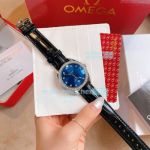 Omega Replica Ladies Watch Blue Dial Diamonds Bezel Black Leather Strap 28mm